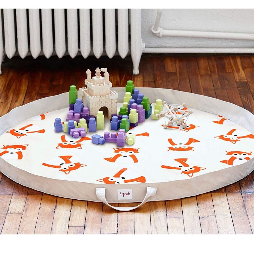 3 Sprouts Convertible Toy Storage Bag and Portable Play Mat, Orange Fox Pattern